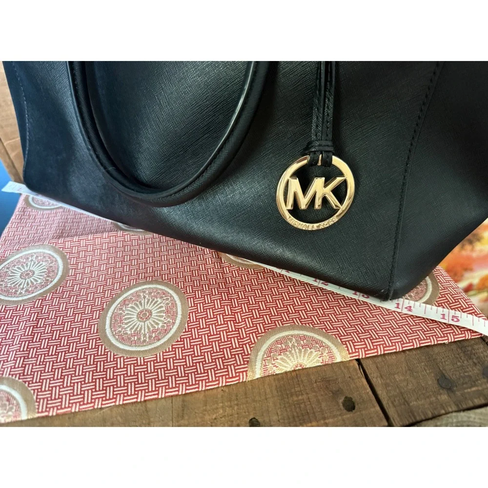 Michael Kors Black Saffiano Leather Satchel Handbag Gold Hardware MK Charm